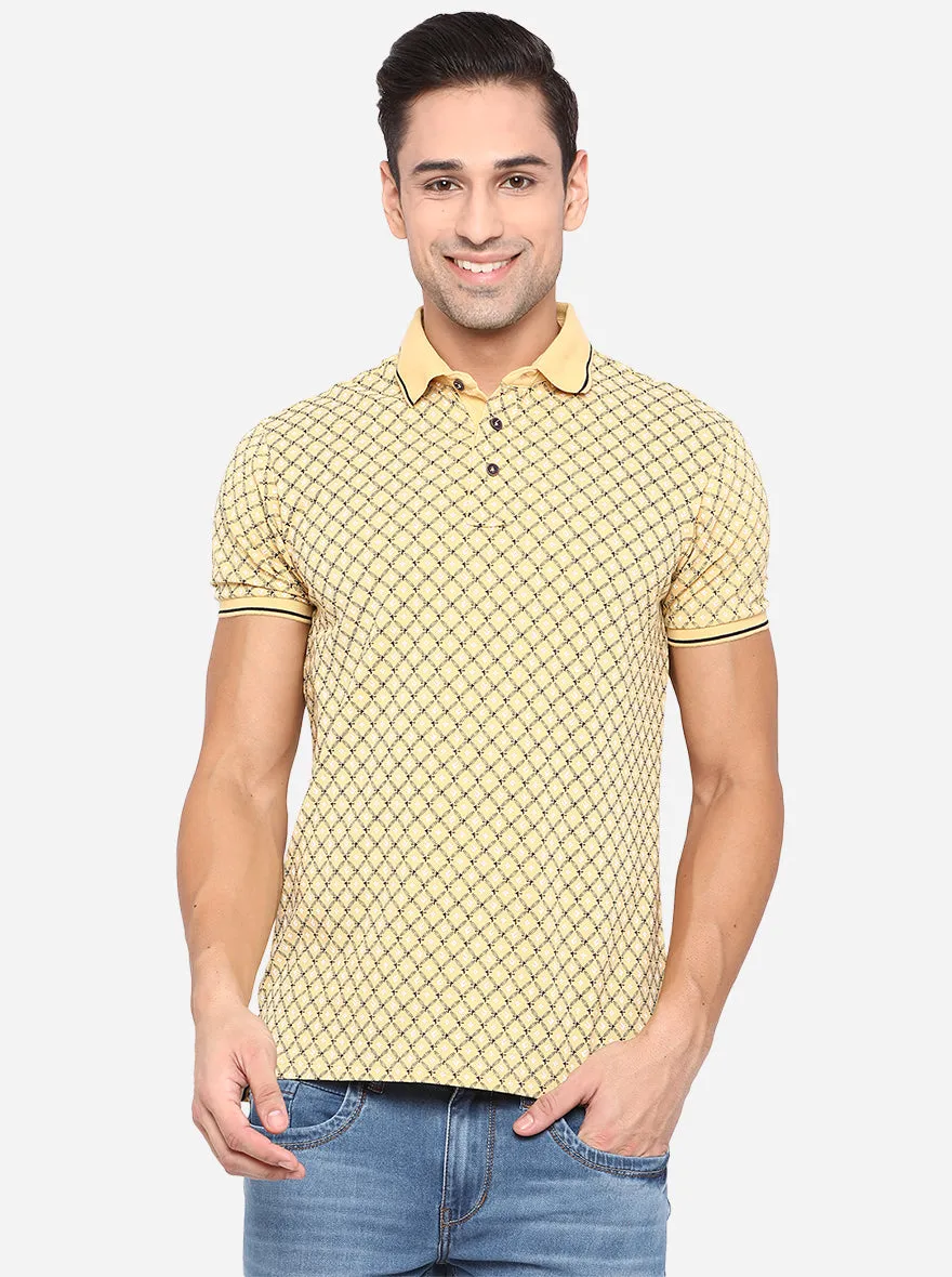 Light Yellow Printed Slim Fit Polo T-Shirt | JadeBlue