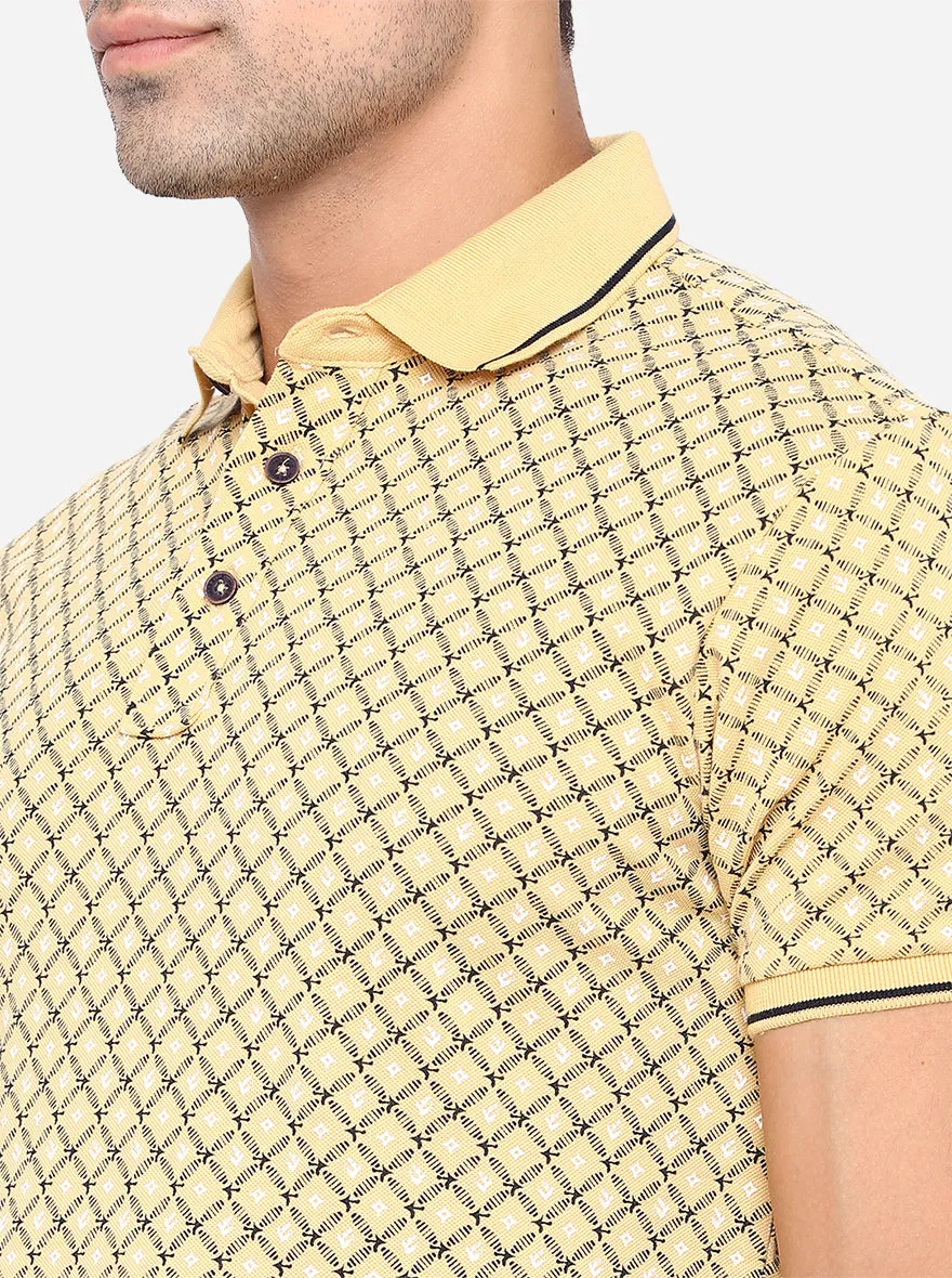 Light Yellow Printed Slim Fit Polo T-Shirt | JadeBlue