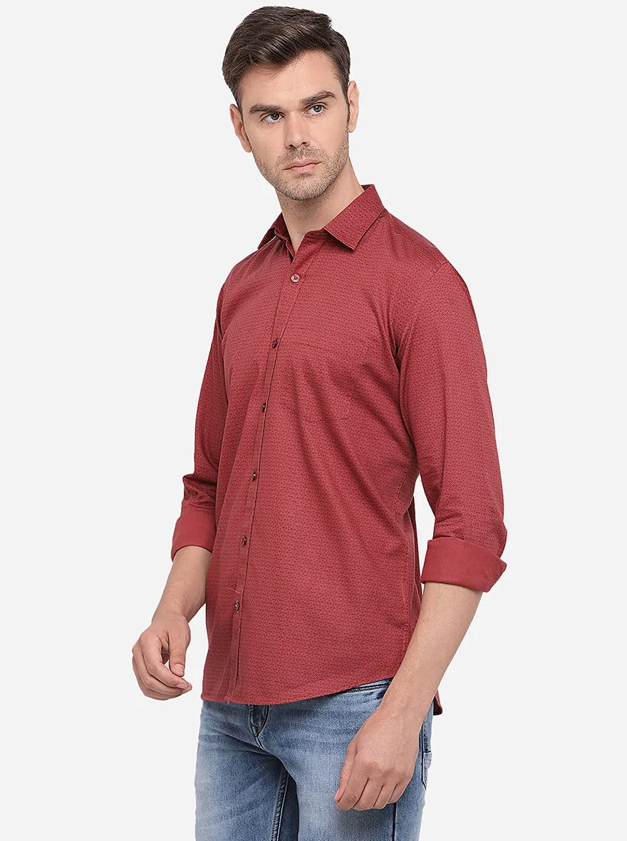 Maroon Printed Slim Fit Semi Casual Shirt | Greenfibre