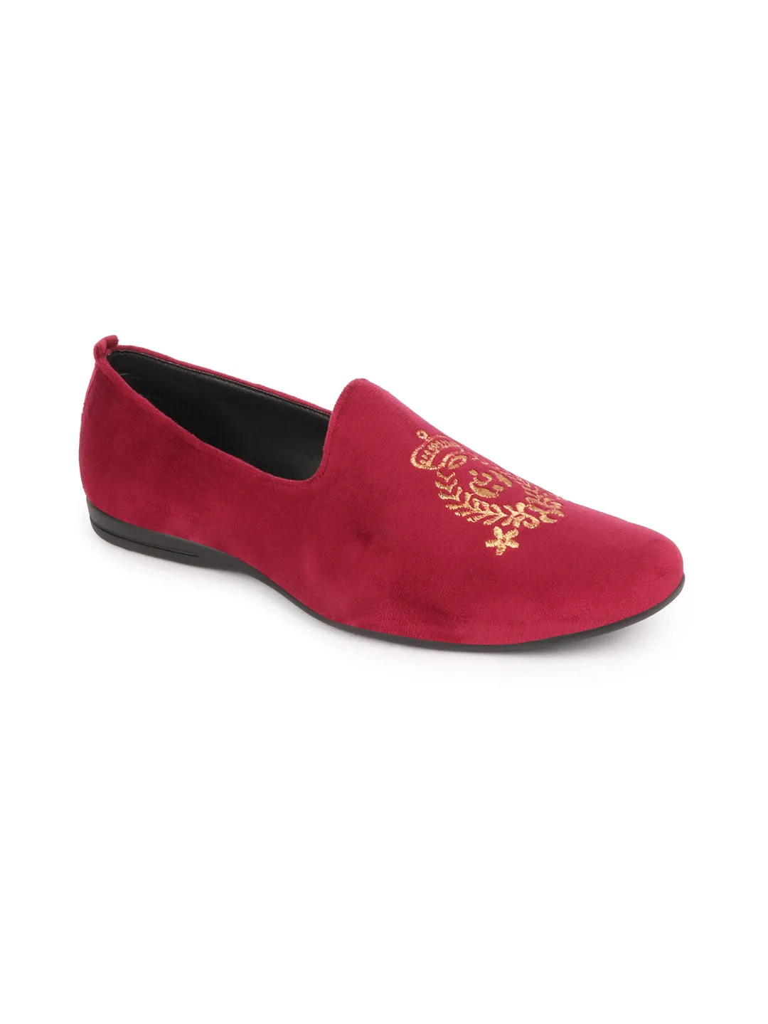 Men Red Velvet Embroidery Design Party Casual Loafer Shoes