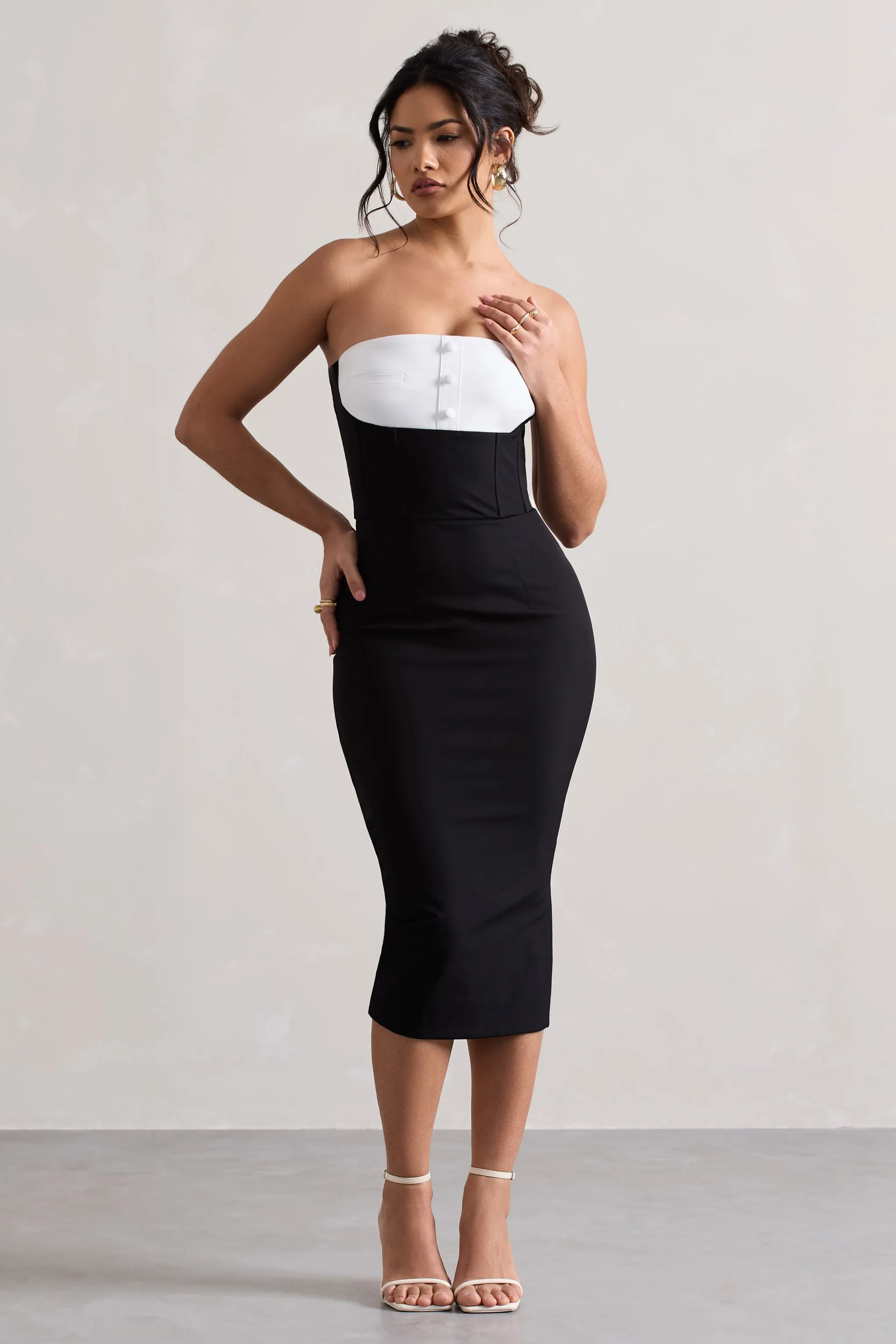 My Darling | Black Tailored Bandeau Split Midi Dress