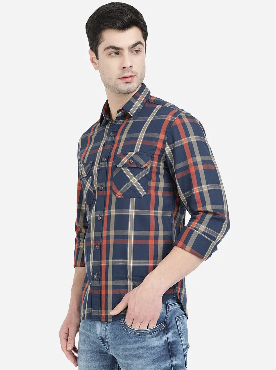 Navy Blue Checked Slim Fit Semi Casual Shirt | Greenfibre