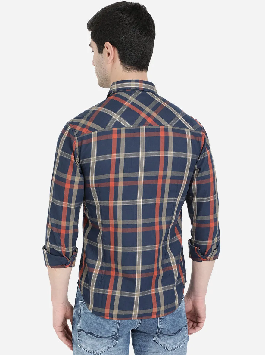 Navy Blue Checked Slim Fit Semi Casual Shirt | Greenfibre