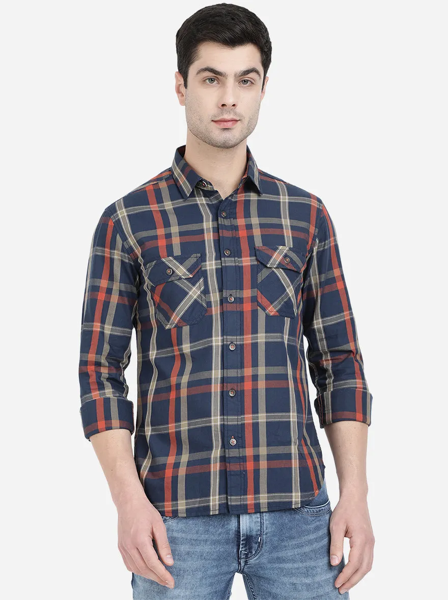 Navy Blue Checked Slim Fit Semi Casual Shirt | Greenfibre