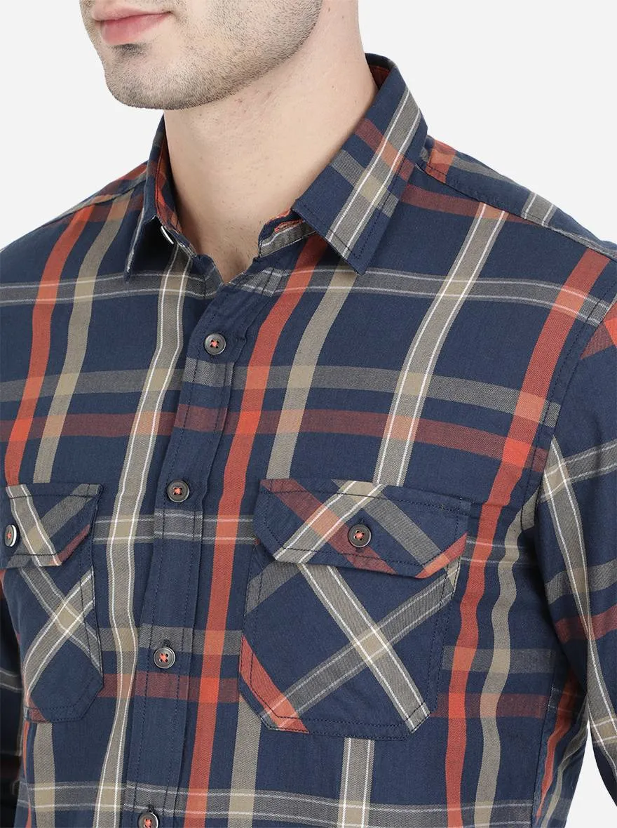 Navy Blue Checked Slim Fit Semi Casual Shirt | Greenfibre