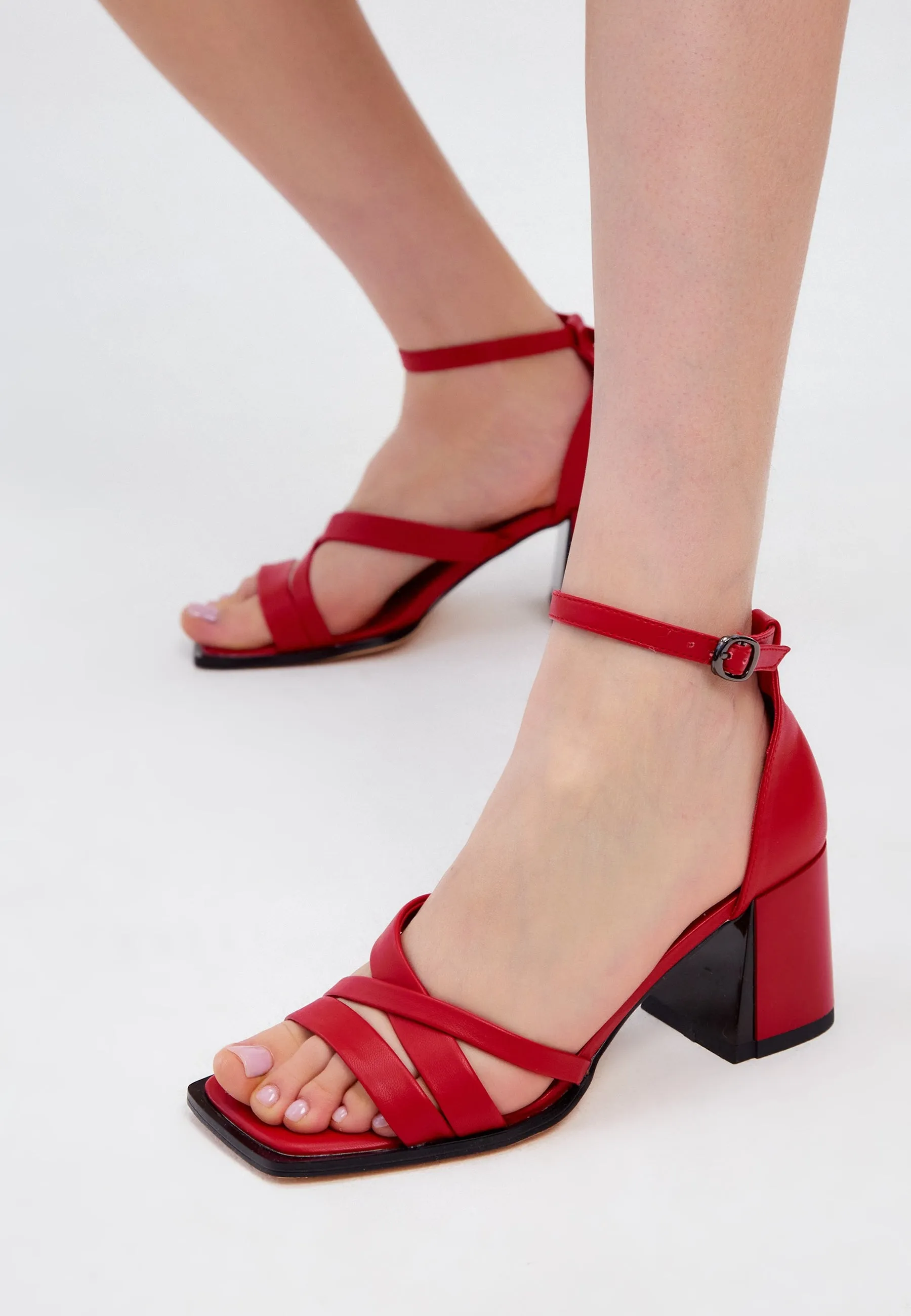 Open Toe Leather Block Heel Sandals - Red