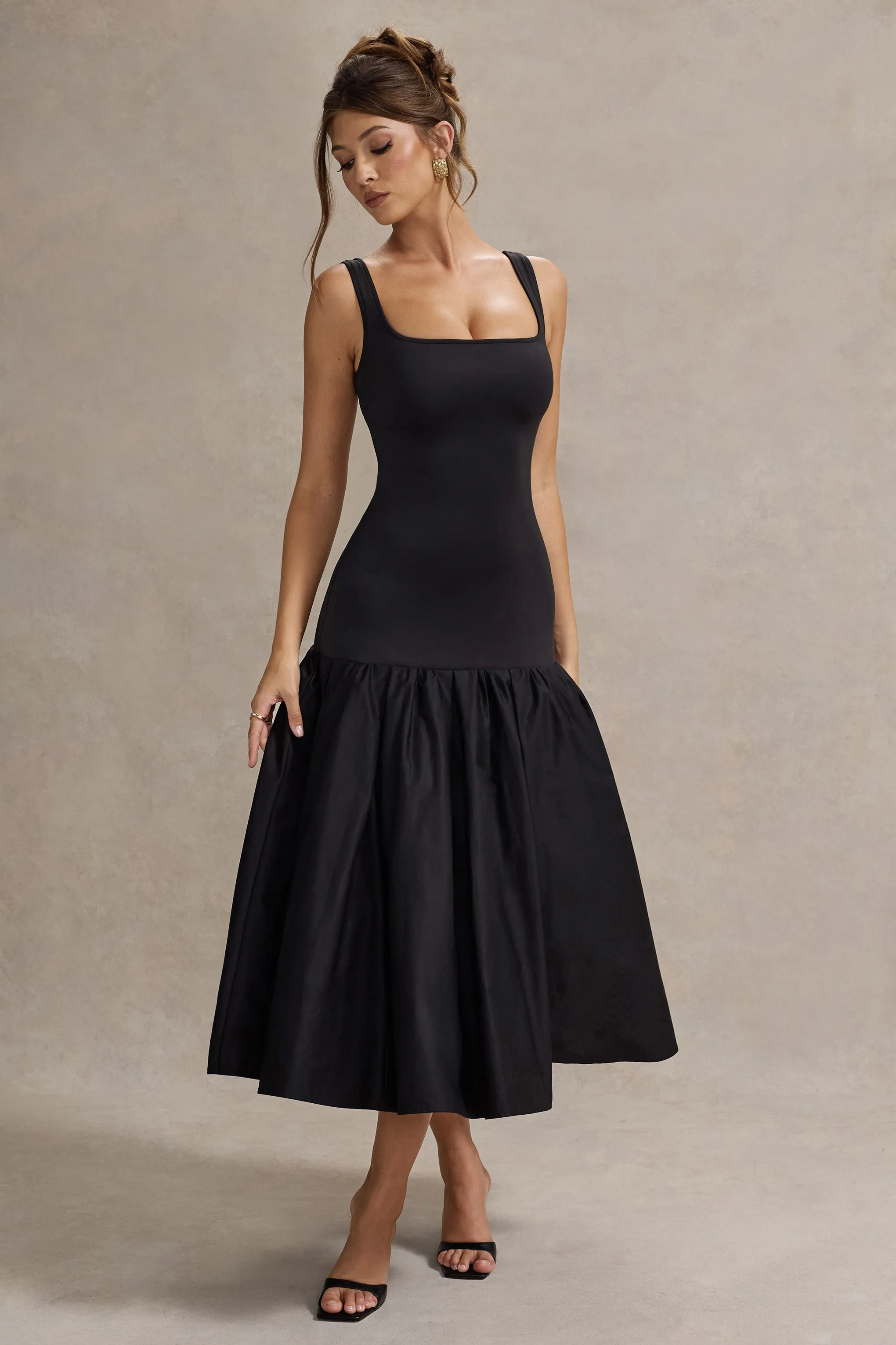 Parida | Black Poplin Drop-Waist Maxi Dress With Peplum Hem