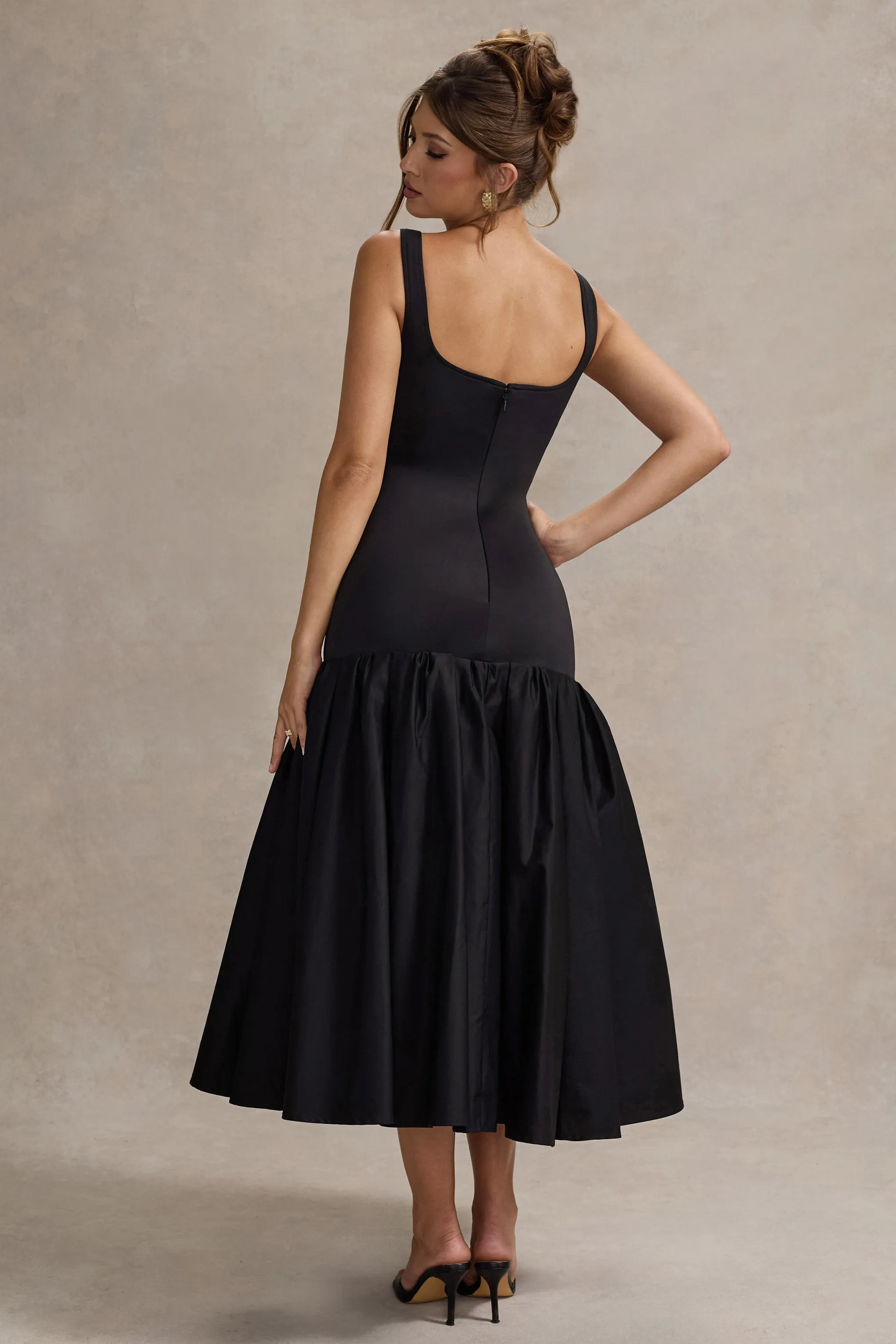 Parida | Black Poplin Drop-Waist Maxi Dress With Peplum Hem