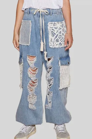 POL Crochet Patch Distressed Blue Washed Jeans