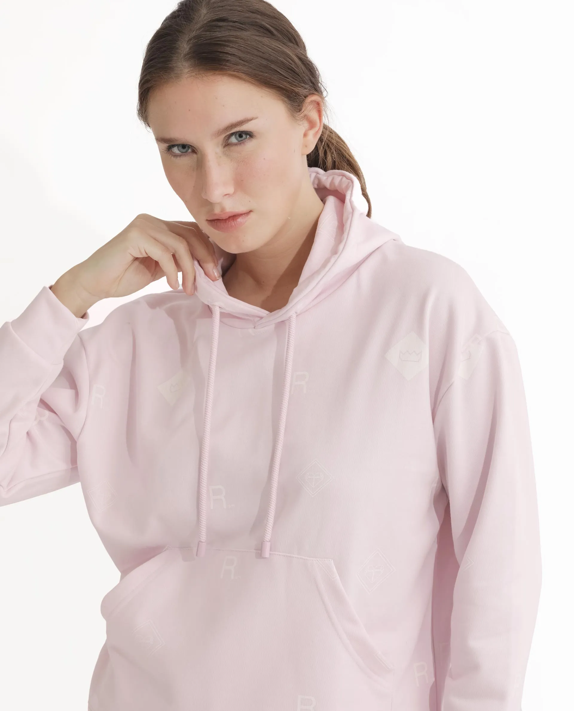 Rareism Women Choice Light Pink Poly Cotton Fabric Full Sleeves Hooded Regular Fit Plain Sweatshirt