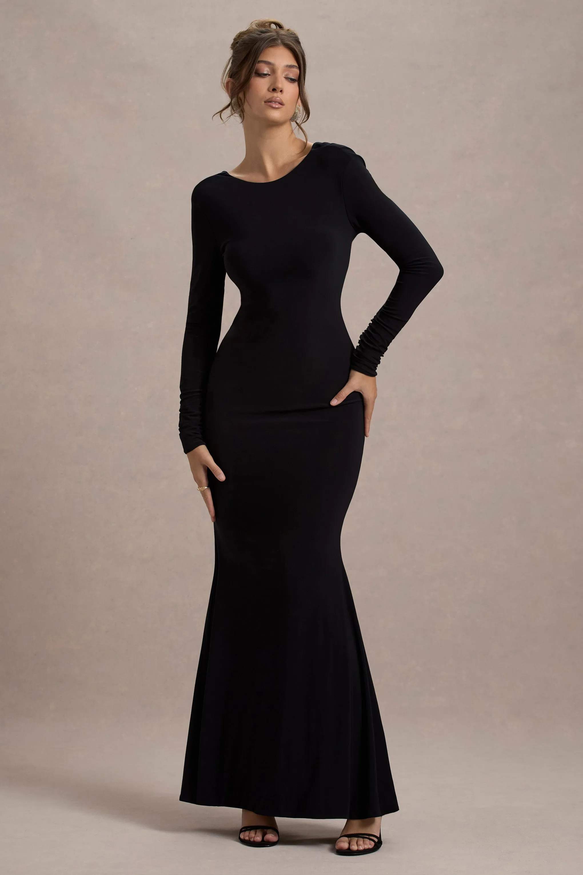 Rosalee | Black Long-Sleeve Cowl-Back Maxi Dress With Bows