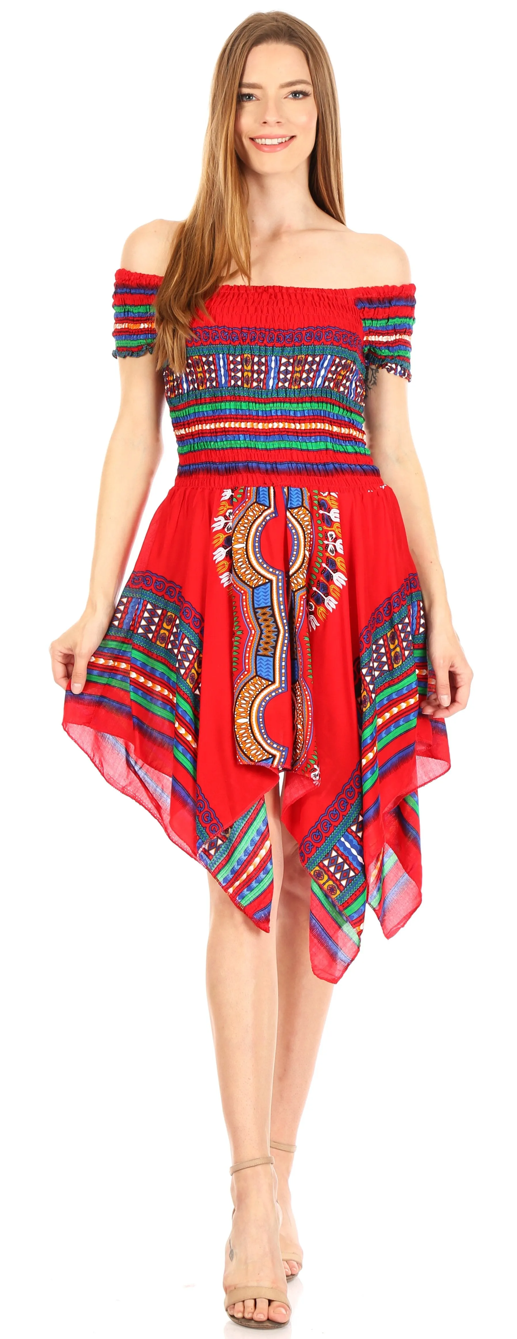 Sakkas Femi Women's Casual Cocktail Off Shoulder Dashiki African Stretchy Dress