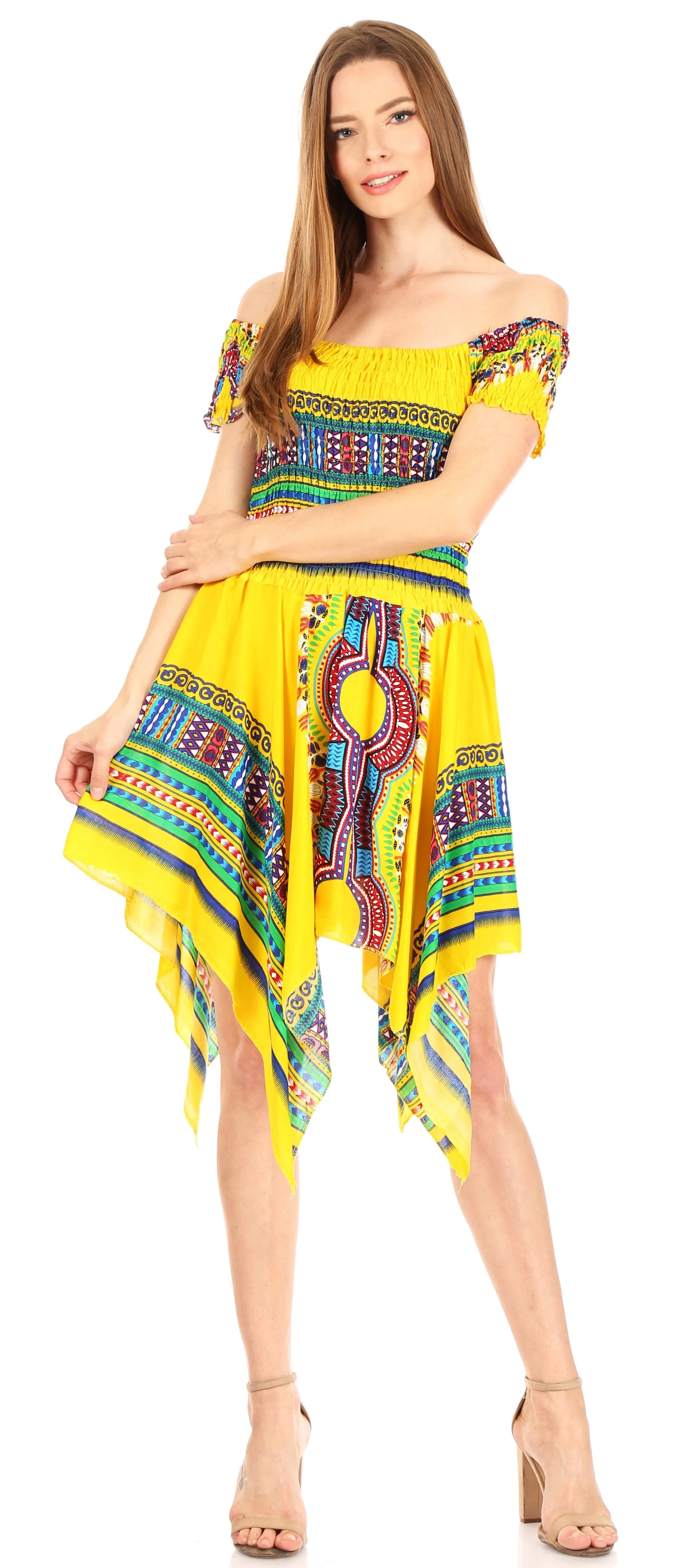 Sakkas Femi Women's Casual Cocktail Off Shoulder Dashiki African Stretchy Dress