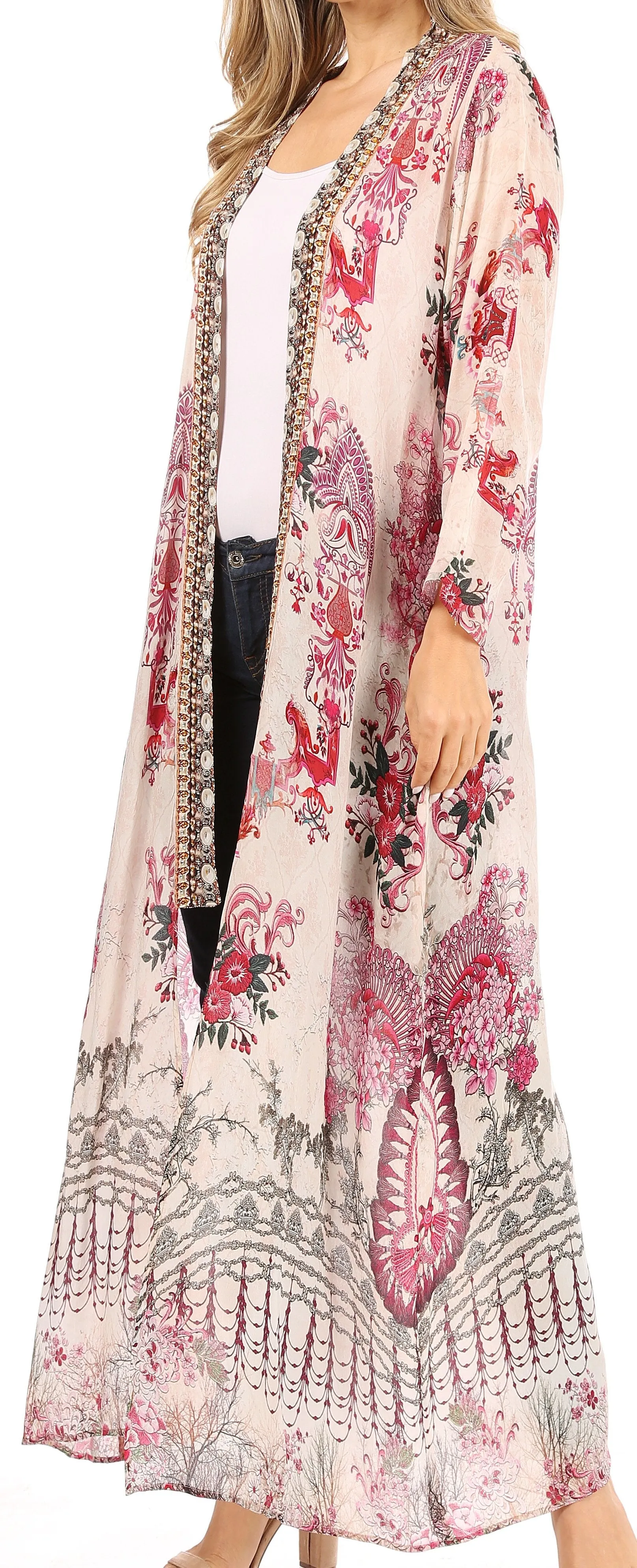 Sakkas Iona Women's Casual Boho Long Kimono Cardigan Open Front Floral Print Loose