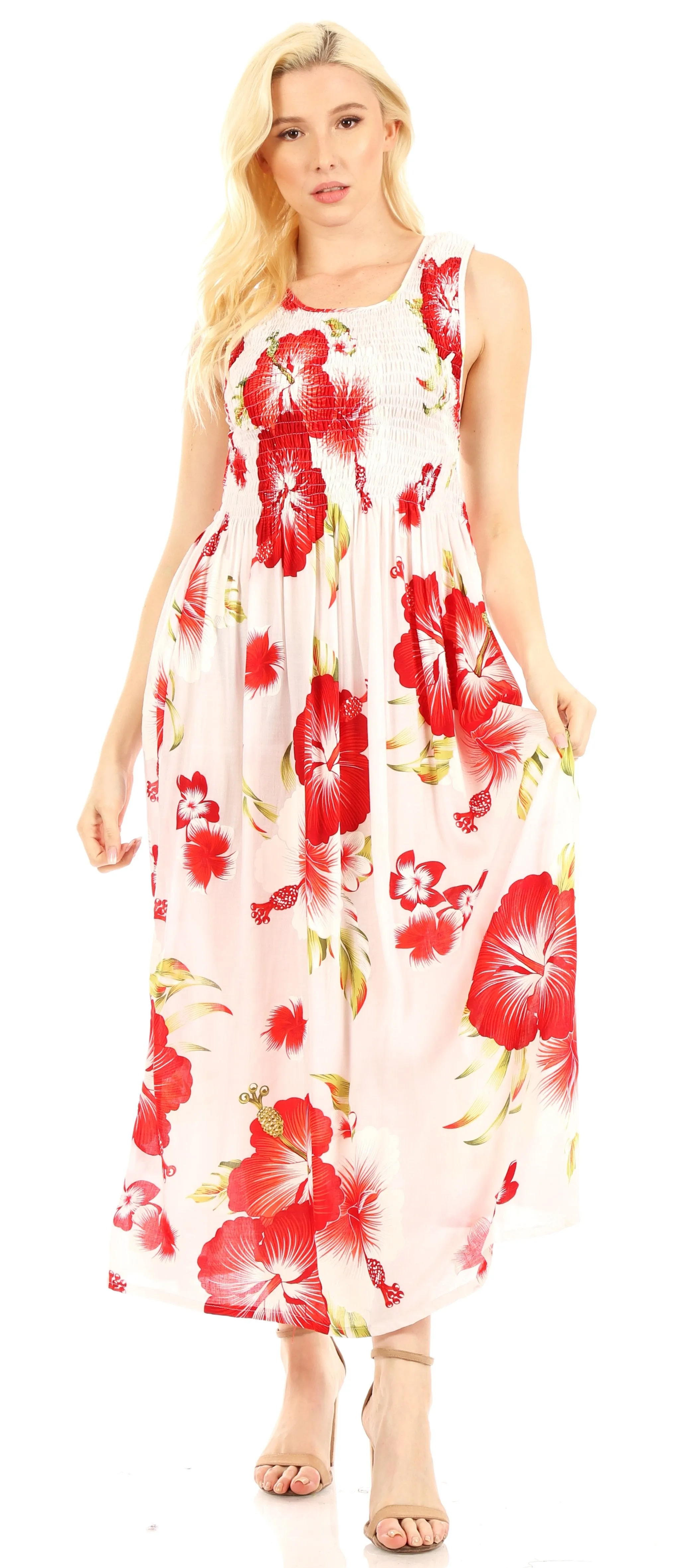 Sakkas Iyabo Women's Sleeveless Casual Summer Floral Print Dress Maxi Long Stretch