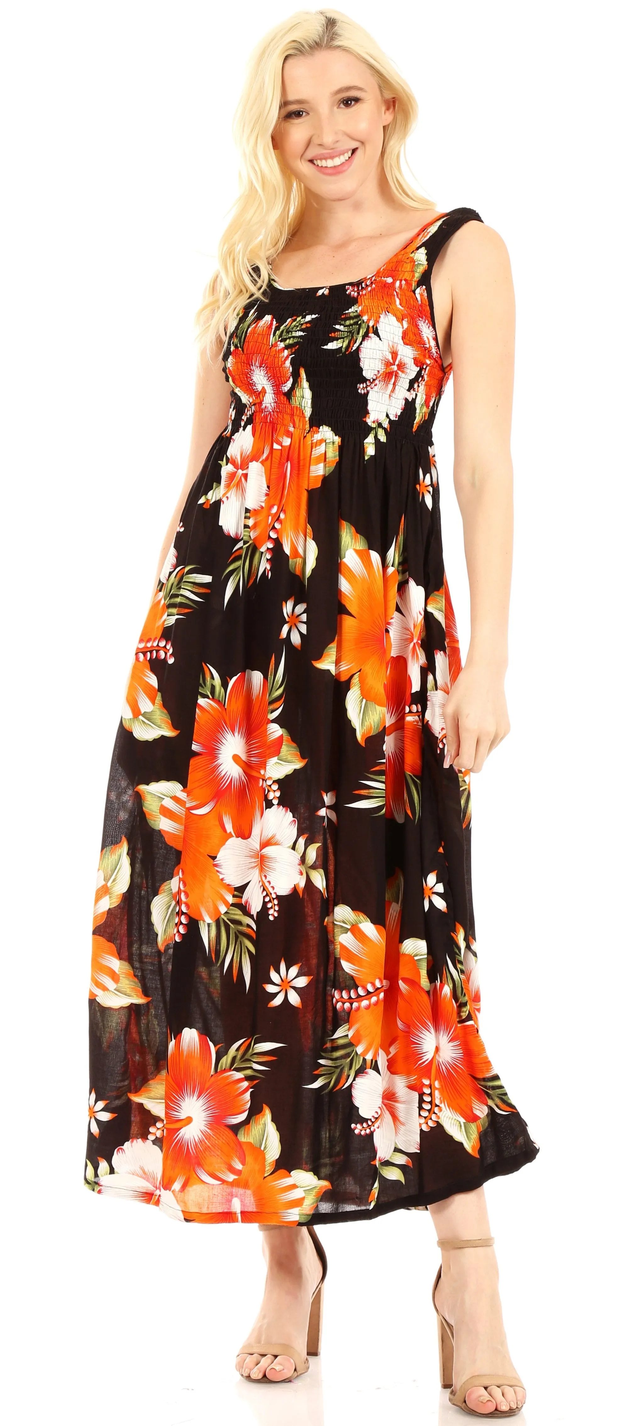 Sakkas Iyabo Women's Sleeveless Casual Summer Floral Print Dress Maxi Long Stretch