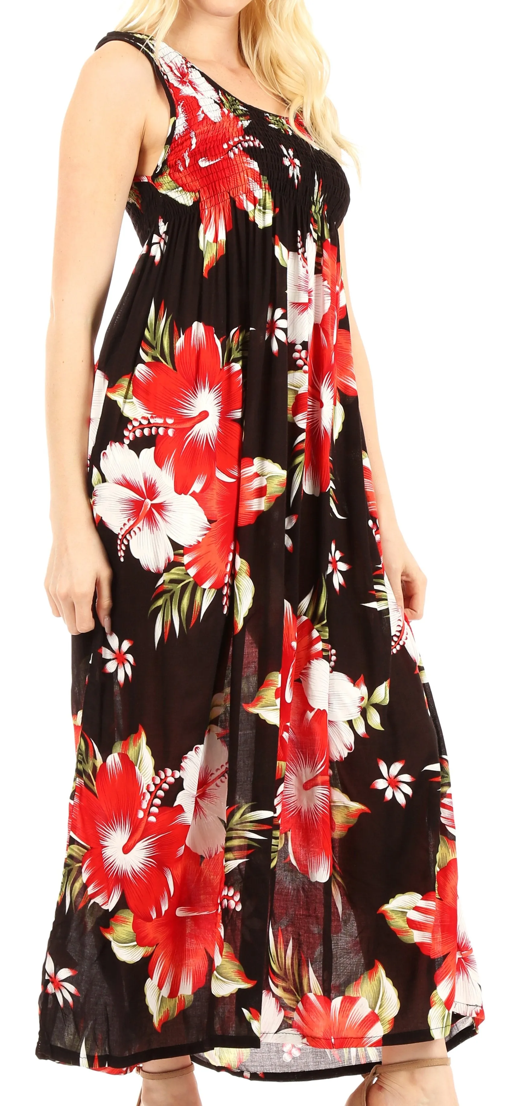 Sakkas Iyabo Women's Sleeveless Casual Summer Floral Print Dress Maxi Long Stretch