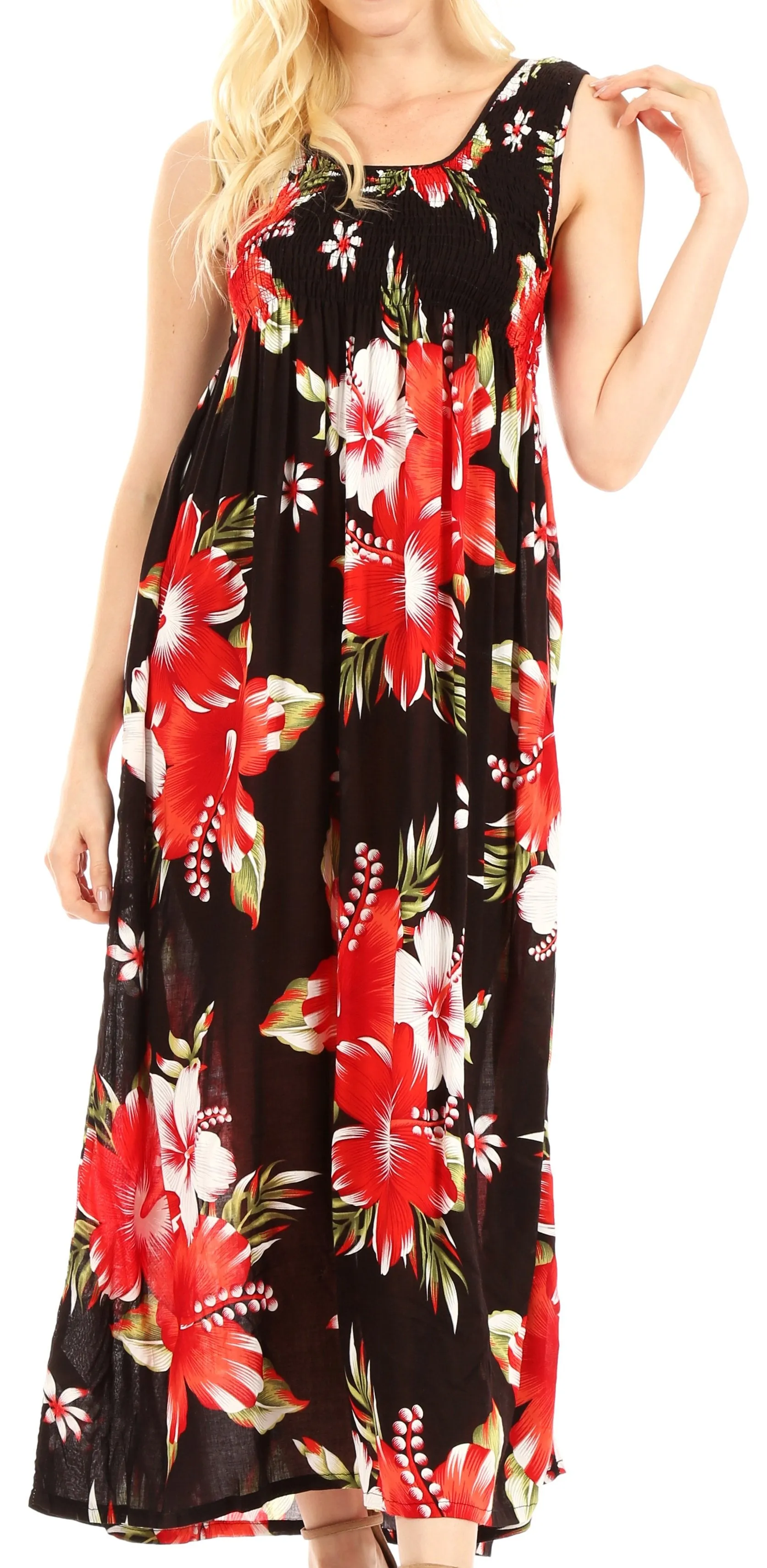 Sakkas Iyabo Women's Sleeveless Casual Summer Floral Print Dress Maxi Long Stretch