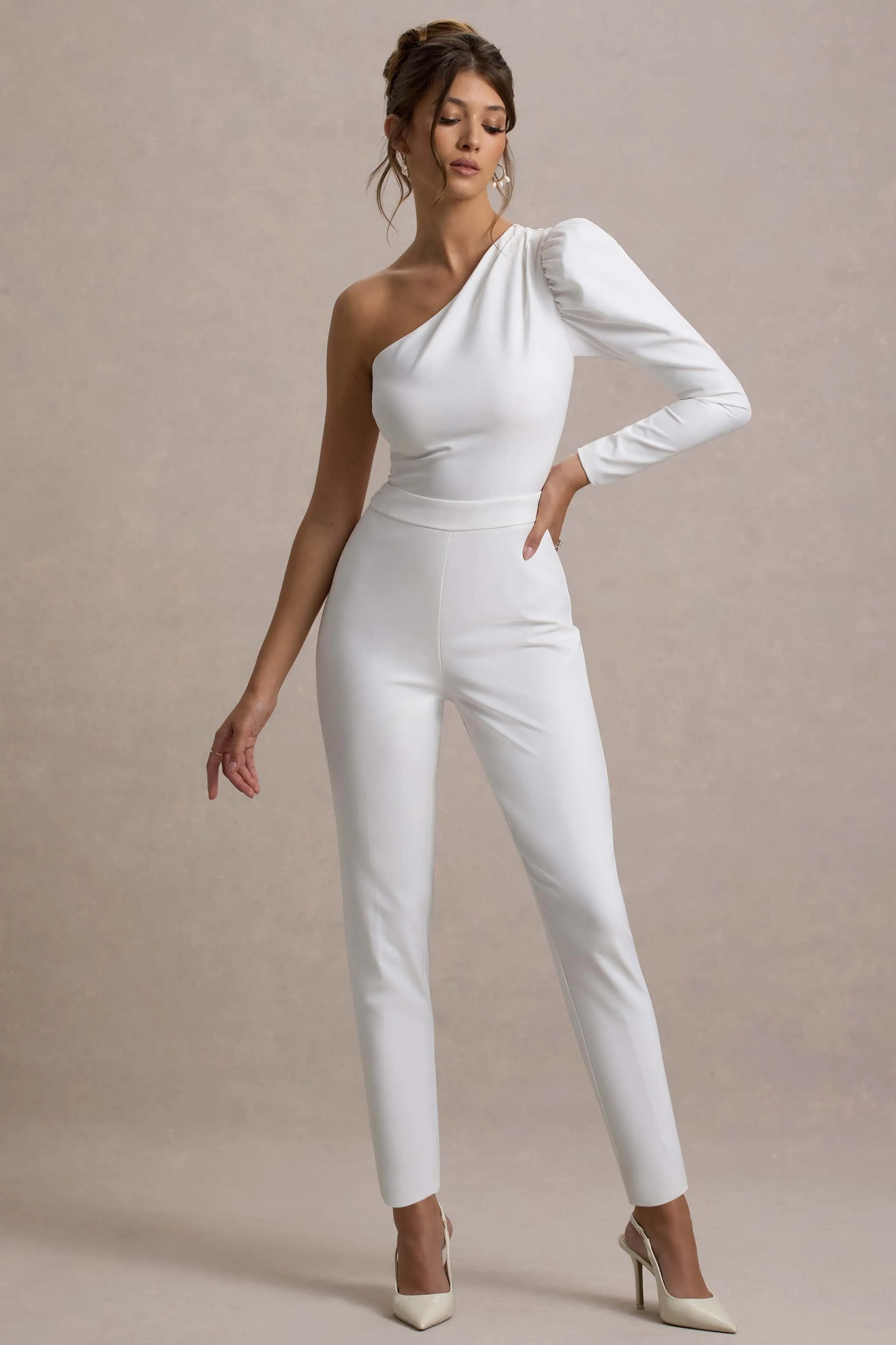 San Jose | White One-Shoulder Puff-Sleeve Jumpsuit