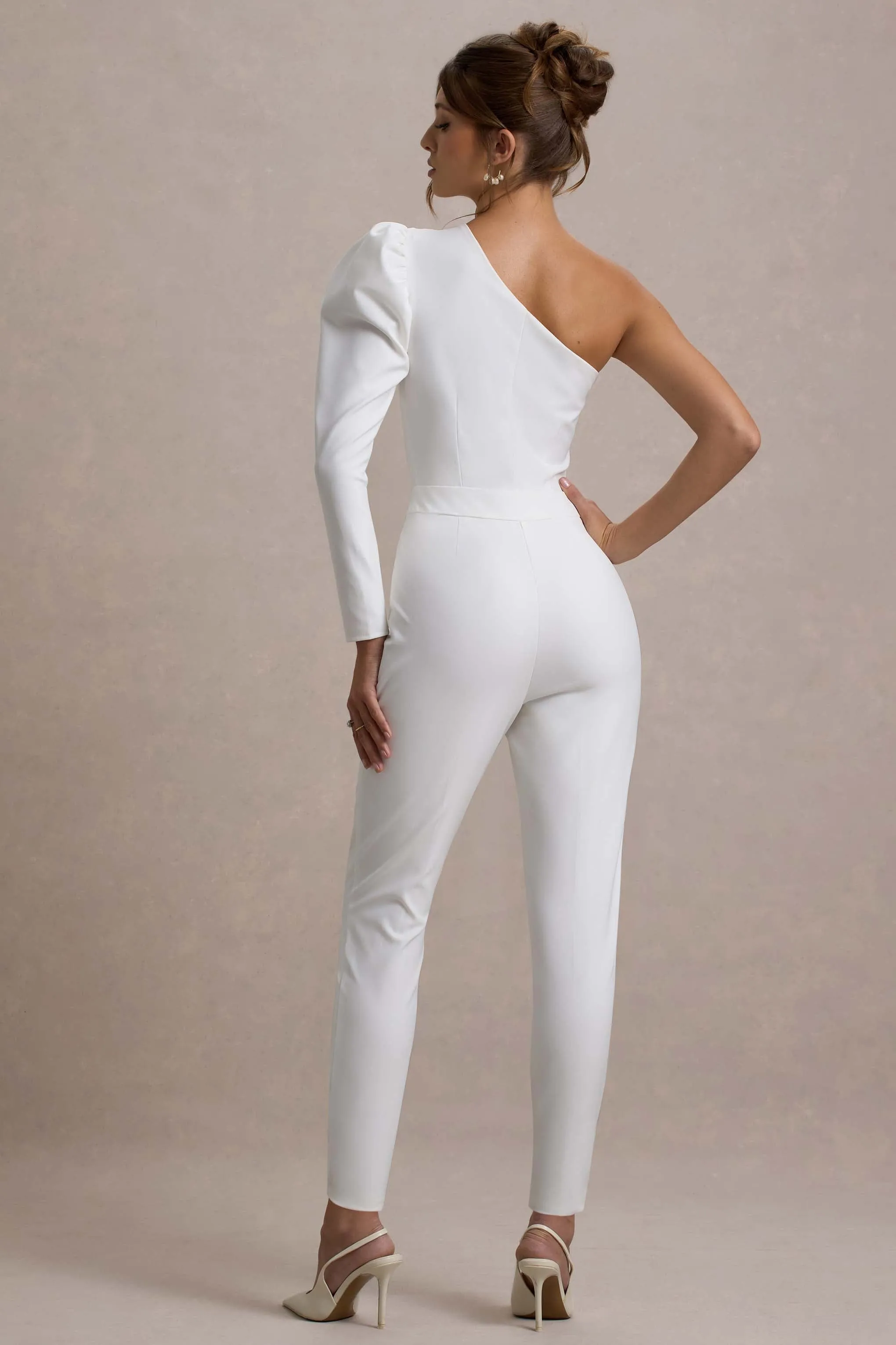 San Jose | White One-Shoulder Puff-Sleeve Jumpsuit