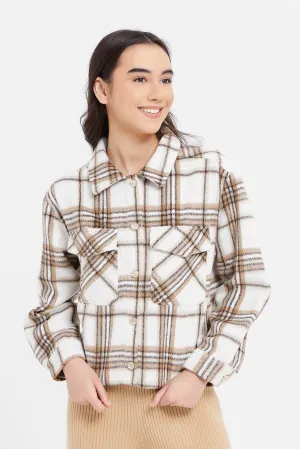 Senior Girls Beige And Brown Checkered Jacket