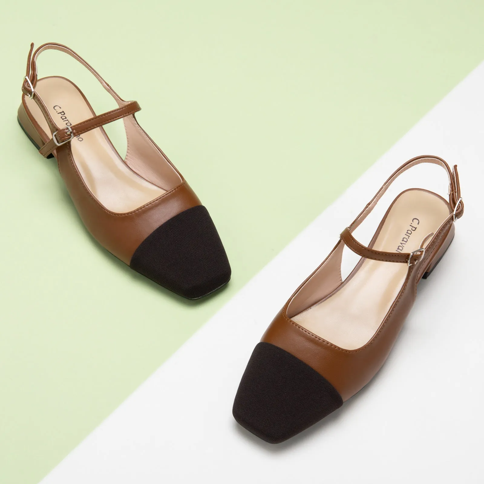 Square-Toe Slingback Flats (Felicia) Brown