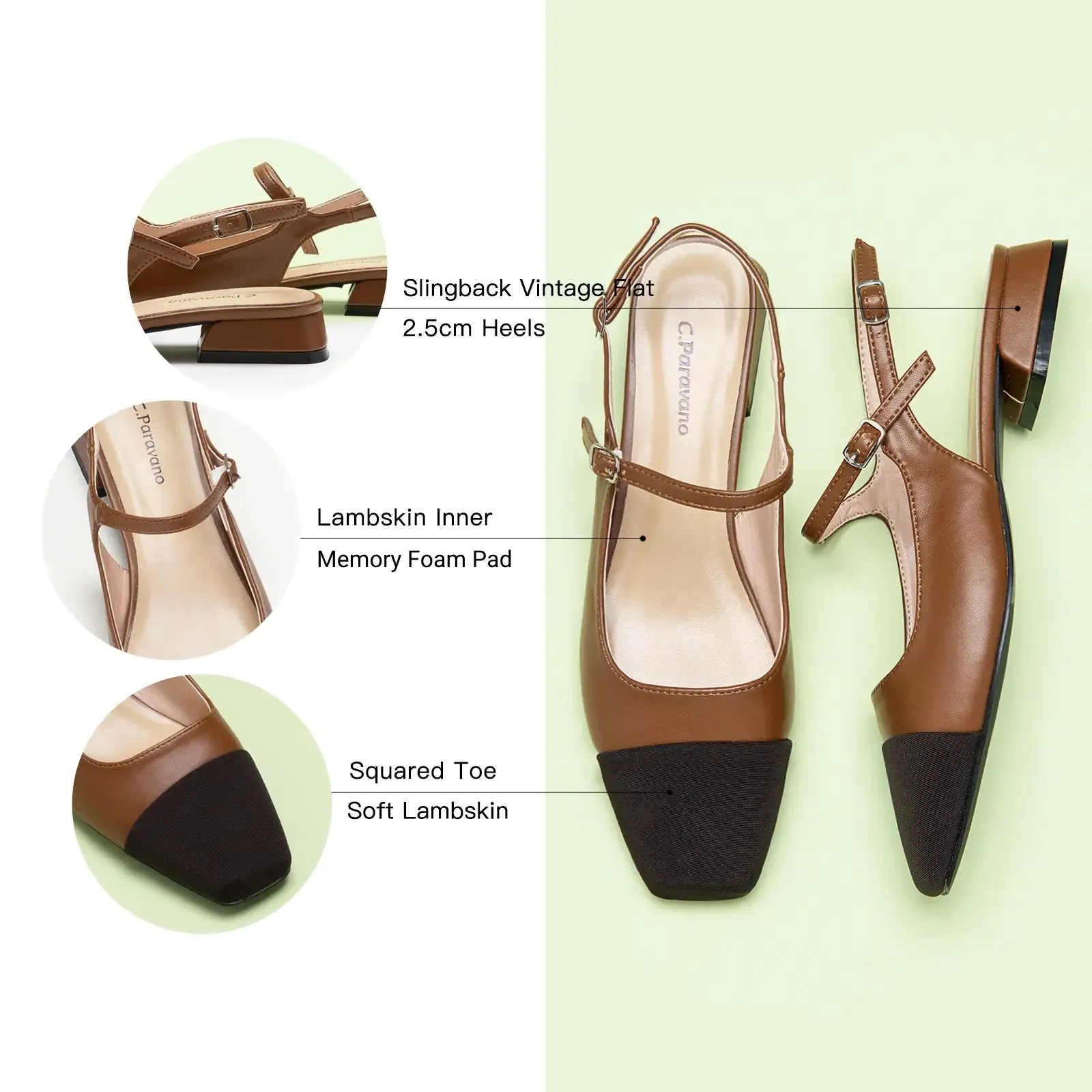 Square-Toe Slingback Flats (Felicia) Brown