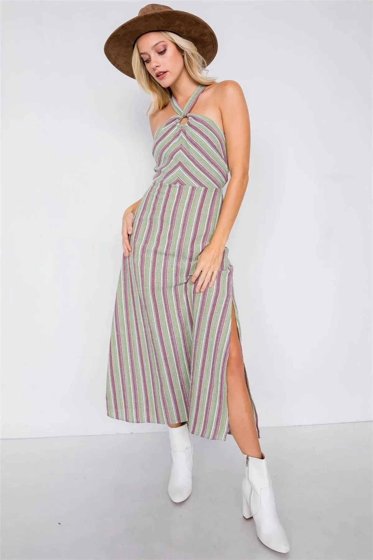 Stripe Wooden Center Cut Out Halter Maxi Dress