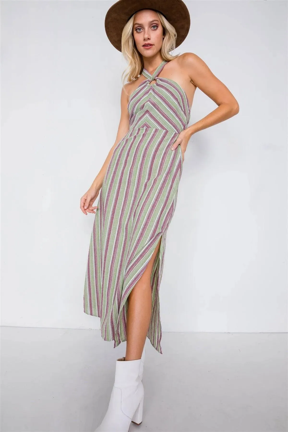 Stripe Wooden Center Cut Out Halter Maxi Dress