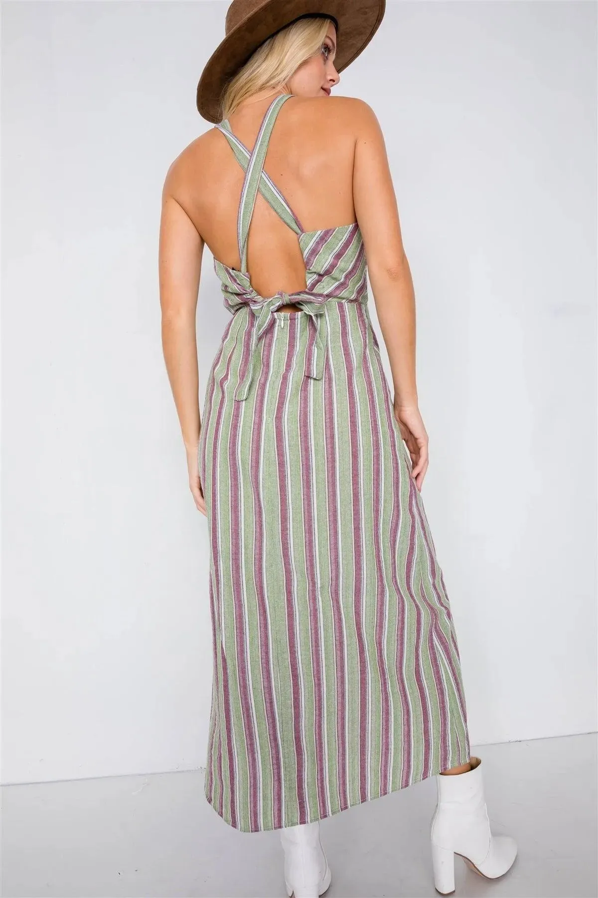 Stripe Wooden Center Cut Out Halter Maxi Dress