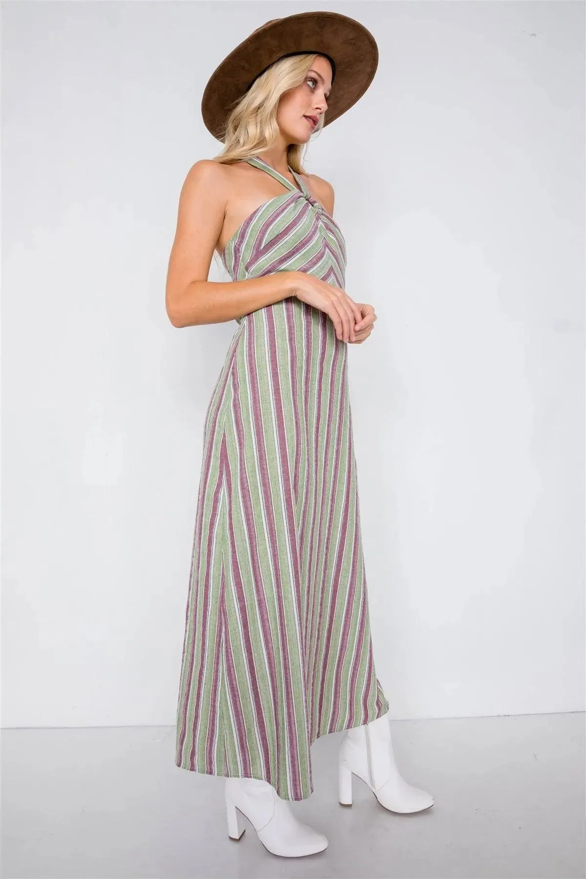 Stripe Wooden Center Cut Out Halter Maxi Dress