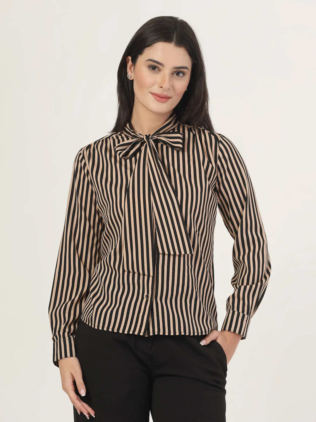 Style Quotient Women Beige Striper top with front tie-up