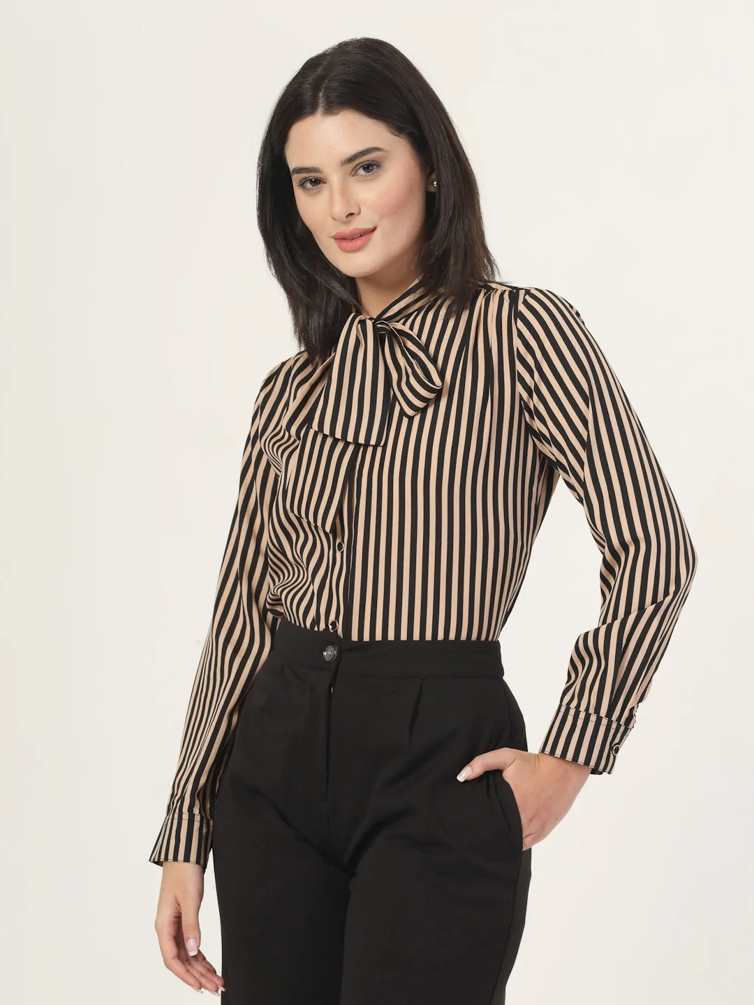 Style Quotient Women Beige Striper top with front tie-up