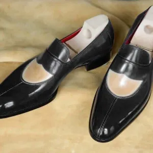 Stylish Men's Handmade Beige & Black color Leather Split Toe Slip Ons Formal Dress Shoes