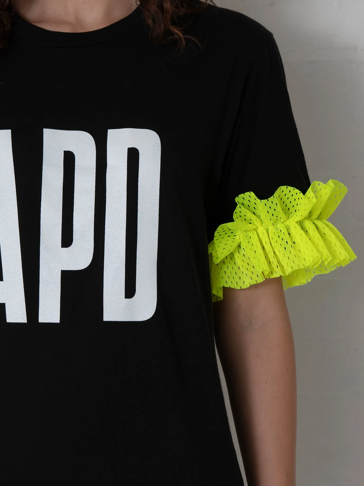 Tee Shirt with Logo and Neon Ruffle in Black