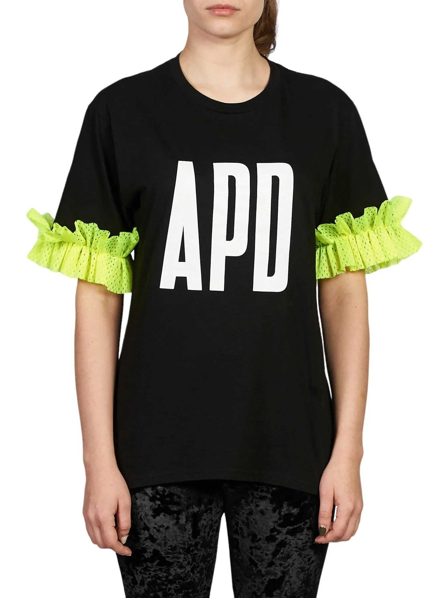 Tee Shirt with Logo and Neon Ruffle in Black