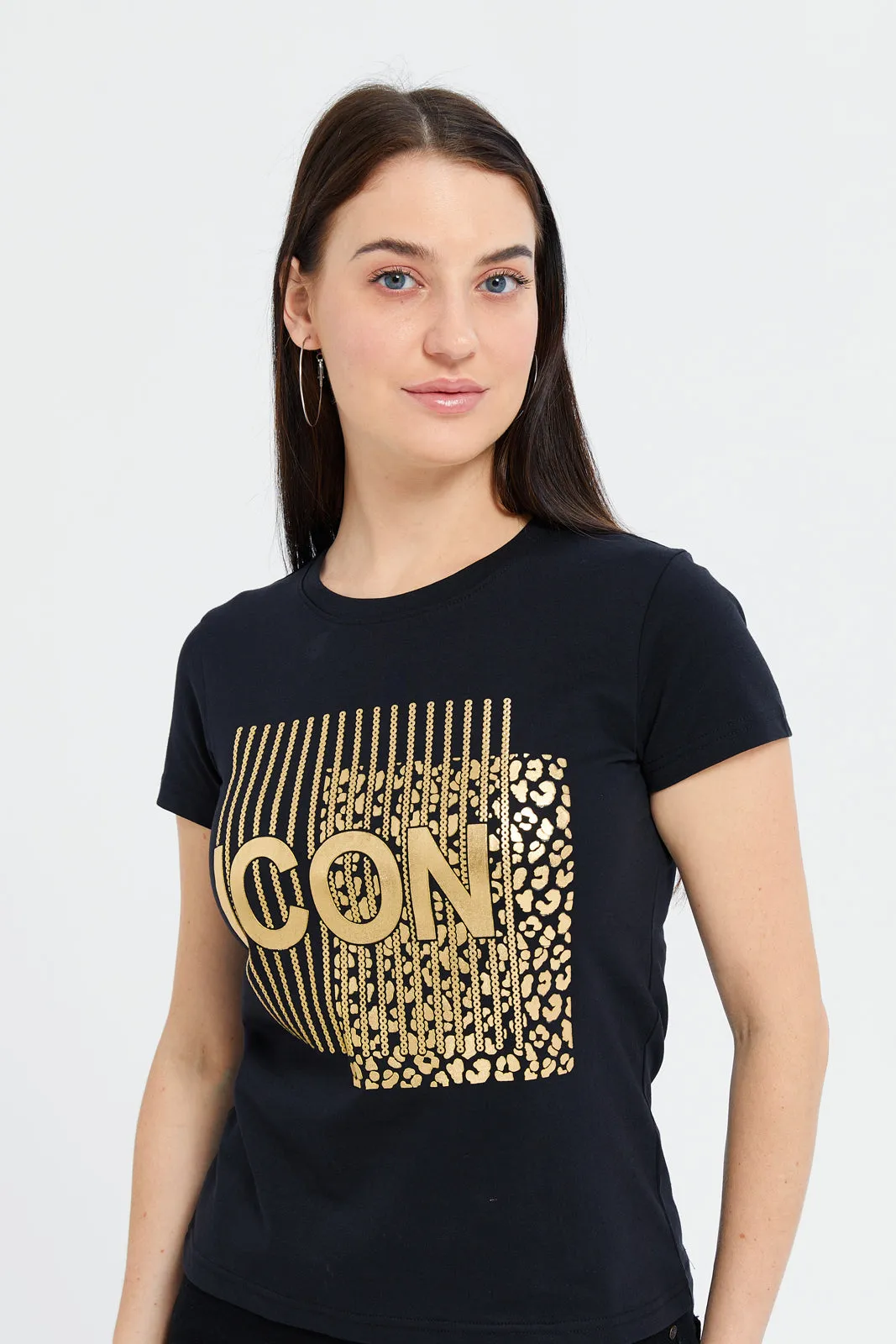 Women Black Icon Embellished T-Shirt