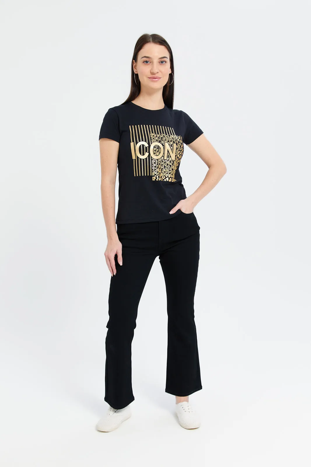 Women Black Icon Embellished T-Shirt