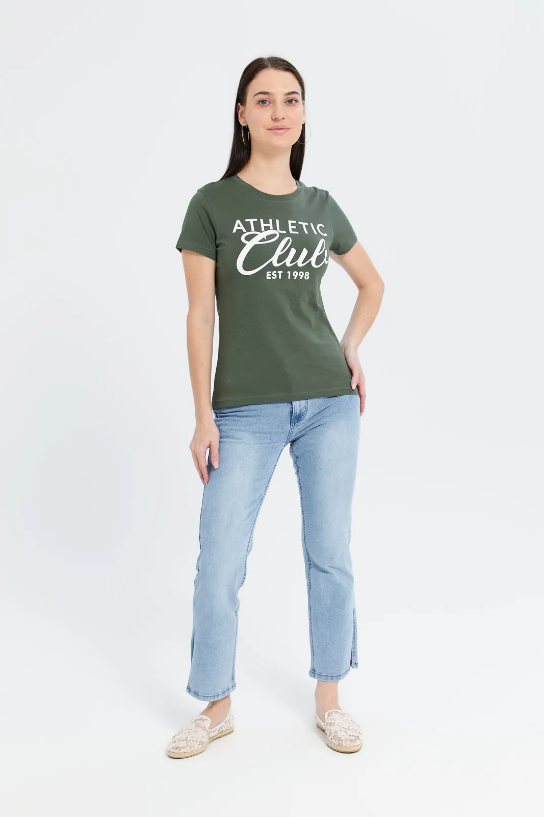 Women Olive Athletic Printed T-Shirt