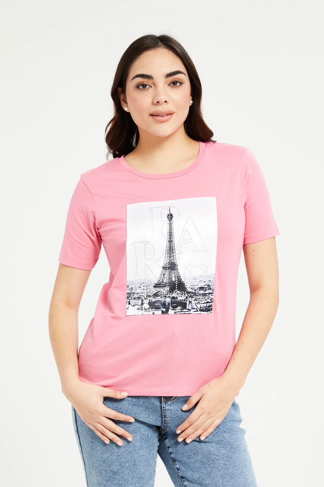 Women Pink Paris Embellished T-Shirt