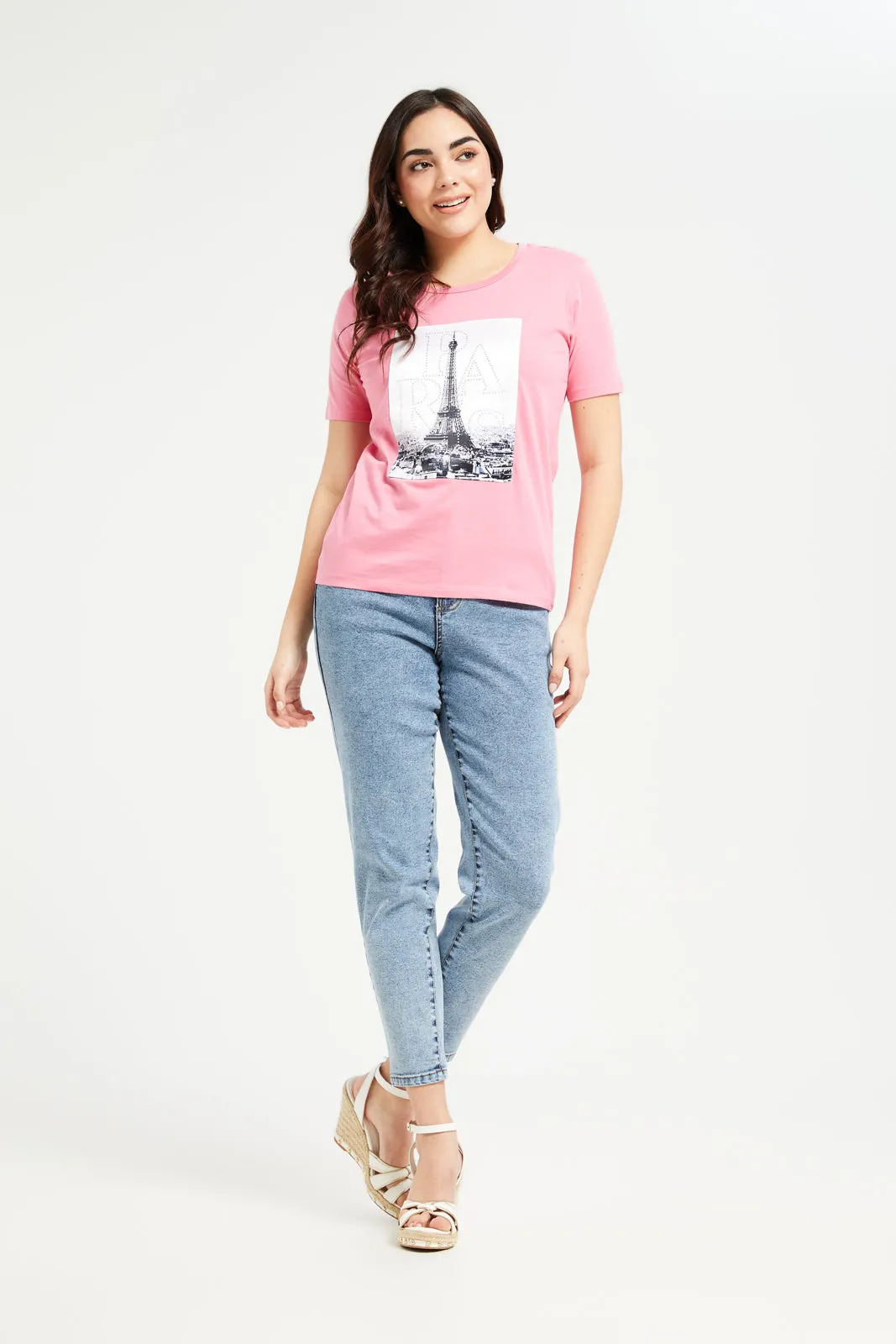 Women Pink Paris Embellished T-Shirt