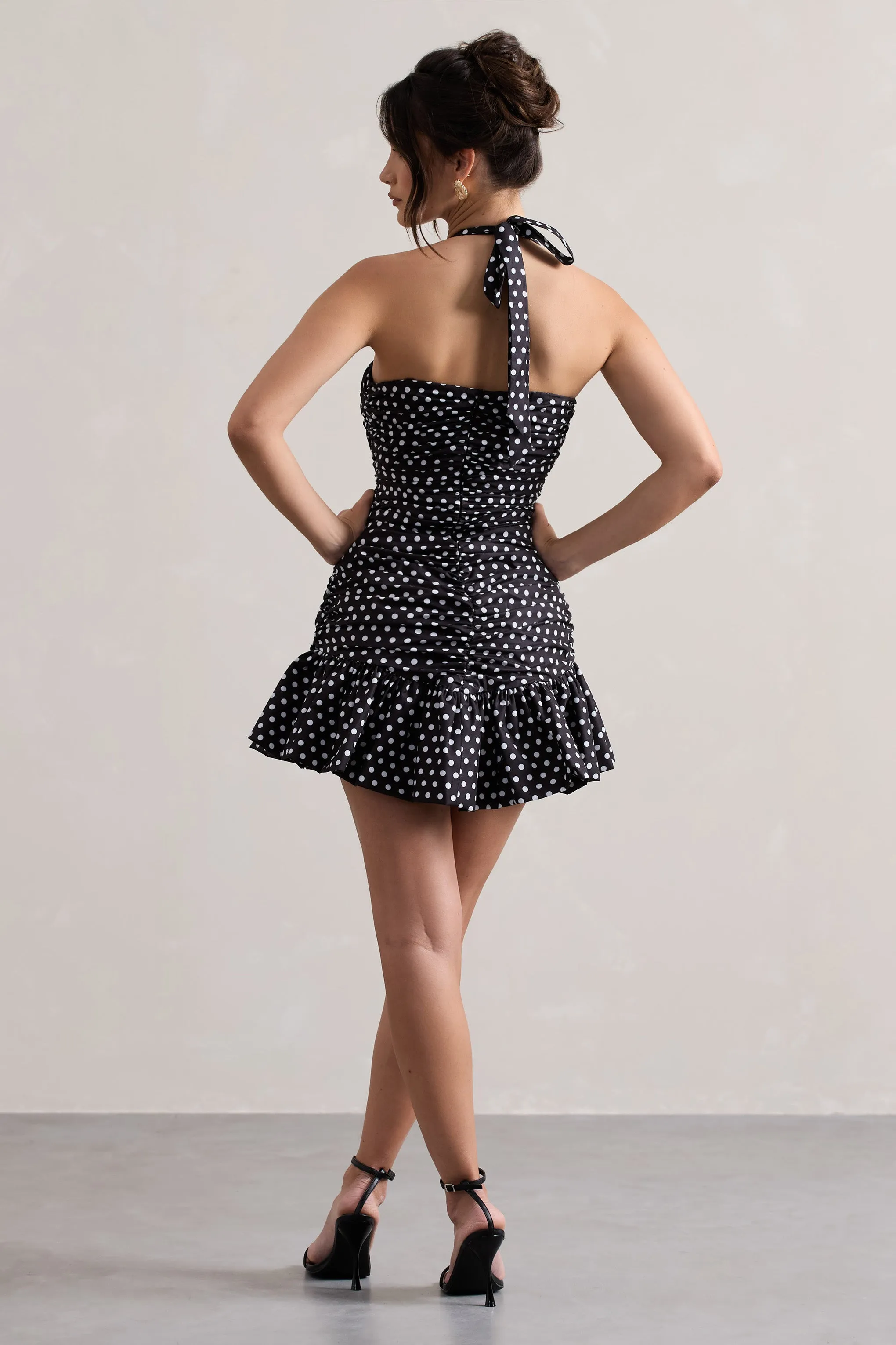 Zahra | Black & White Polka Dot Halter-Neck Ruched Mini Dress With Ruffle Hem